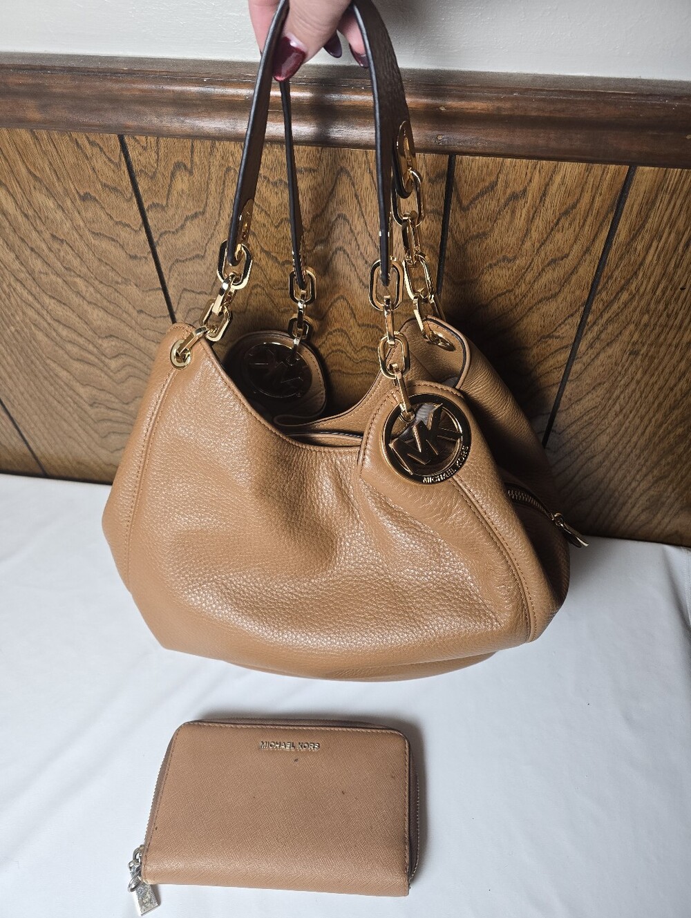 Michael Kors Tan Pebbled Leather Shoulder Bag with Matching Wallet